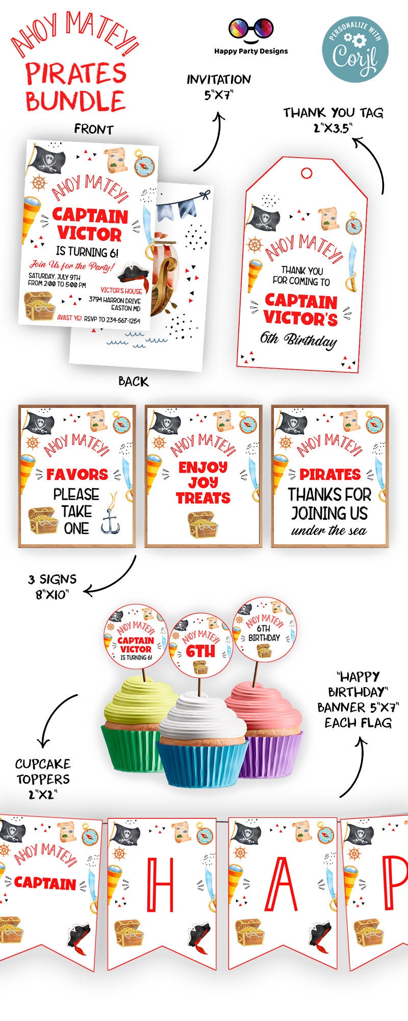 Pirate Invitation Bundle  Pirate Birthday Party | Pirate Invite | Pirate Ship Party Invite | boy birthday | any age | editable on line #K108