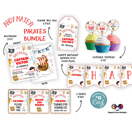 Pirate Invitation Bundle  Pirate Birthday Party | Pirate Invite | Pirate Ship Party Invite | boy birthday | any age | editable on line #K108