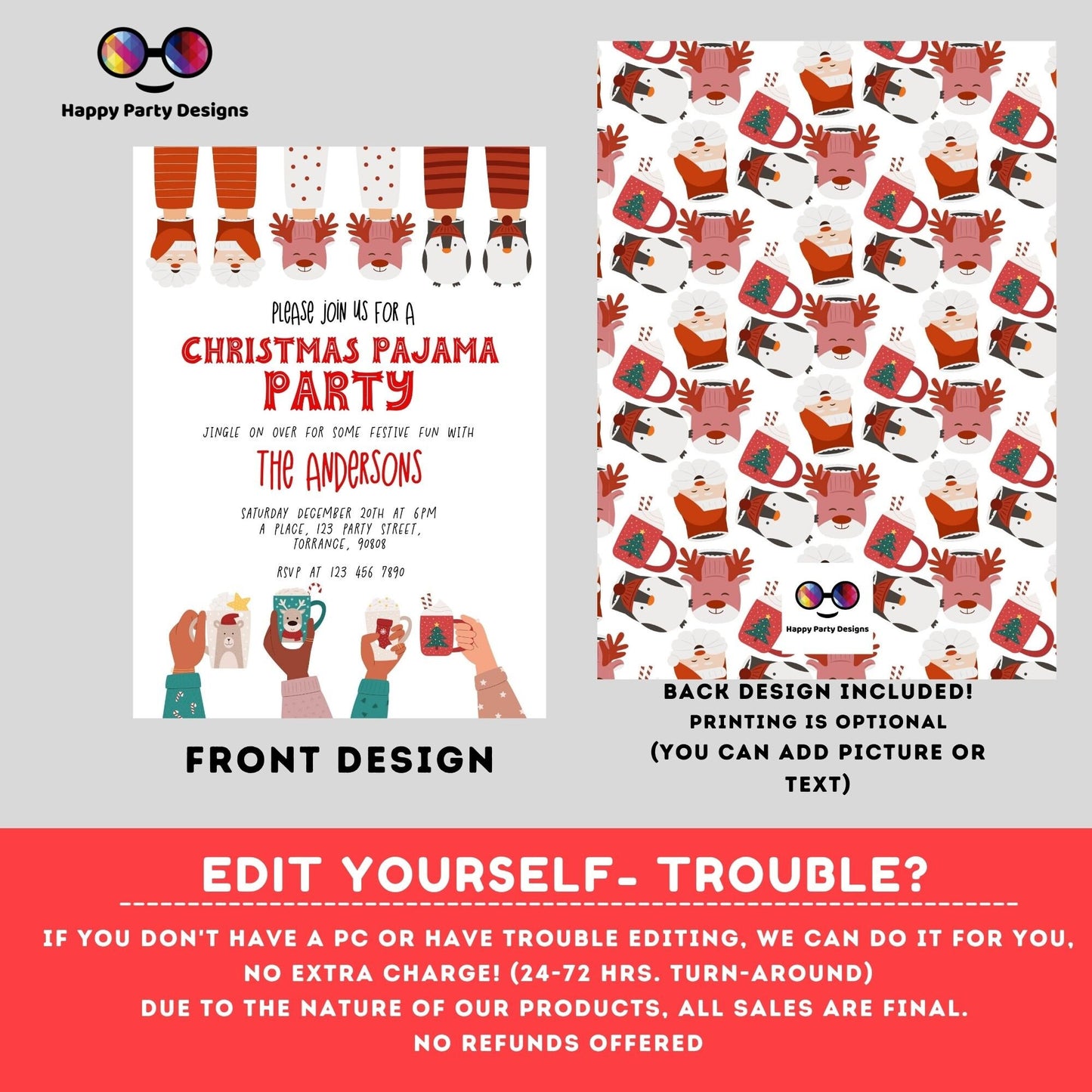 Editable Christmas pajama Party Invite | Christmas Party printable invite | Holiday Christmas Party Invitation |Christmas Dinner invite #A42