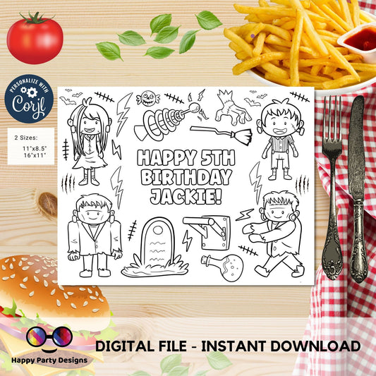 Editable Halloween party coloring page | Placemat coloring page | Any Age | Monsters halloween party |  Spooky Party Activity #K114