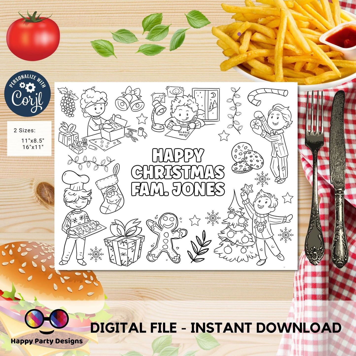 Editable Christmas coloring page | Placemat coloring page | Any Age | Christmas coloring placemat | X-MAS Party Activity  Party favors #K257