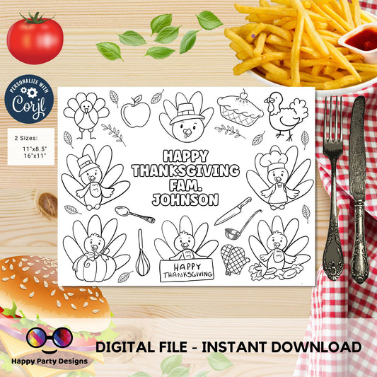 Editable Thanksgiving coloring placemat | Thanksgiving coloring page | Thanksgiving Activity game | Thanksgiving activity placemat #K258