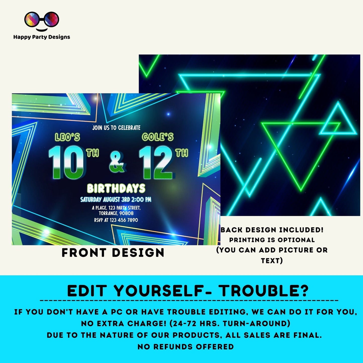 EDITABLE neon Sibling birthday invitations | any age! double birthday invitations | sibling party invitations | double party | boys #K185