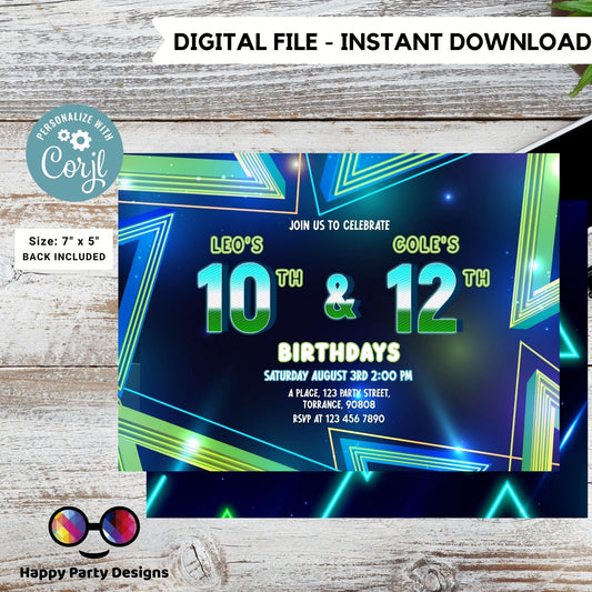 EDITABLE neon Sibling birthday invitations | any age! double birthday invitations | sibling party invitations | double party | boys #K185