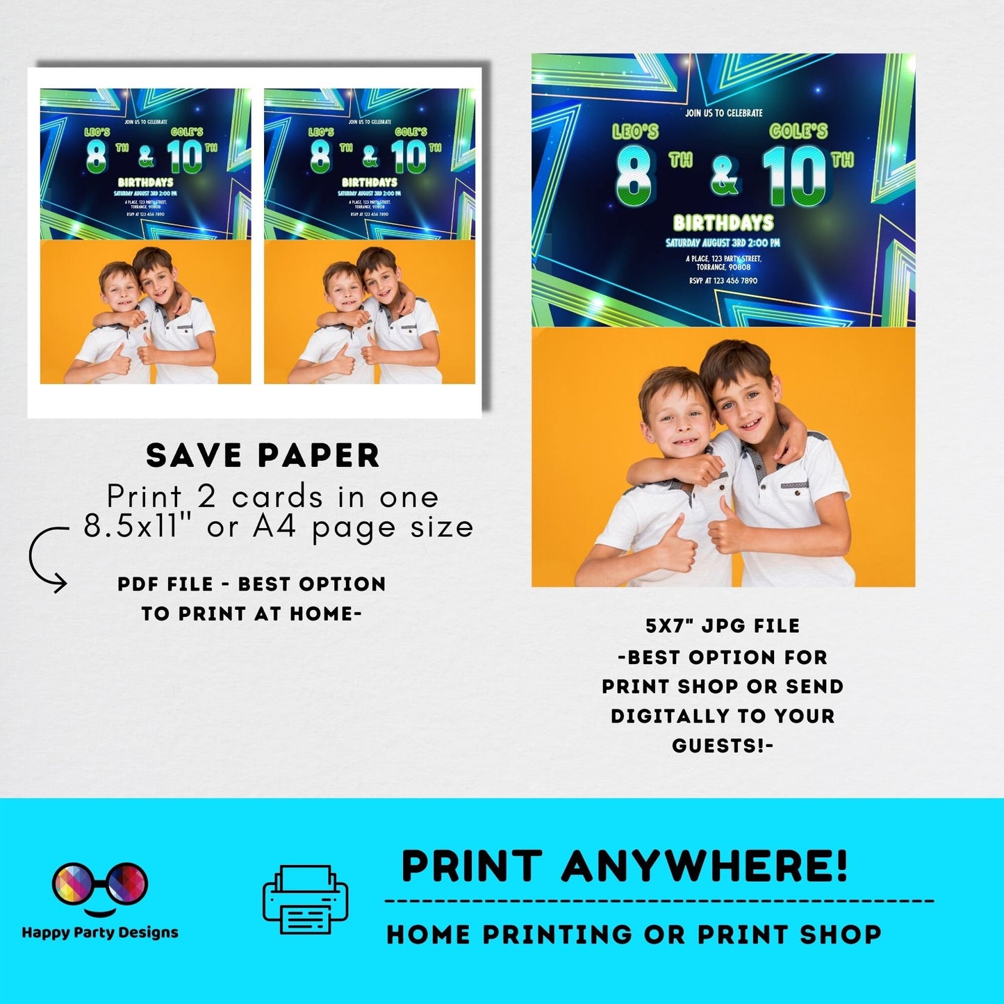 EDITABLE neon Sibling birthday invitations with photo | any age! double birthday invite | sibling party | double party | boys #K185