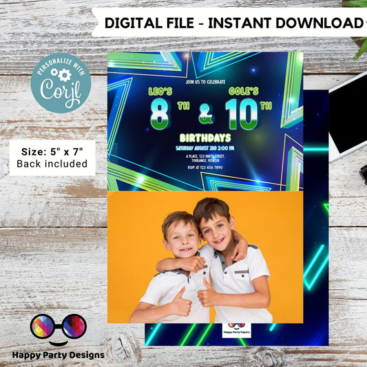 EDITABLE neon Sibling birthday invitations with photo | any age! double birthday invite | sibling party | double party | boys #K185