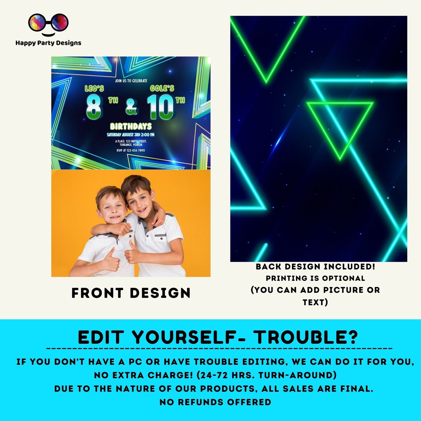 EDITABLE neon Sibling birthday invitations with photo | any age! double birthday invite | sibling party | double party | boys #K185