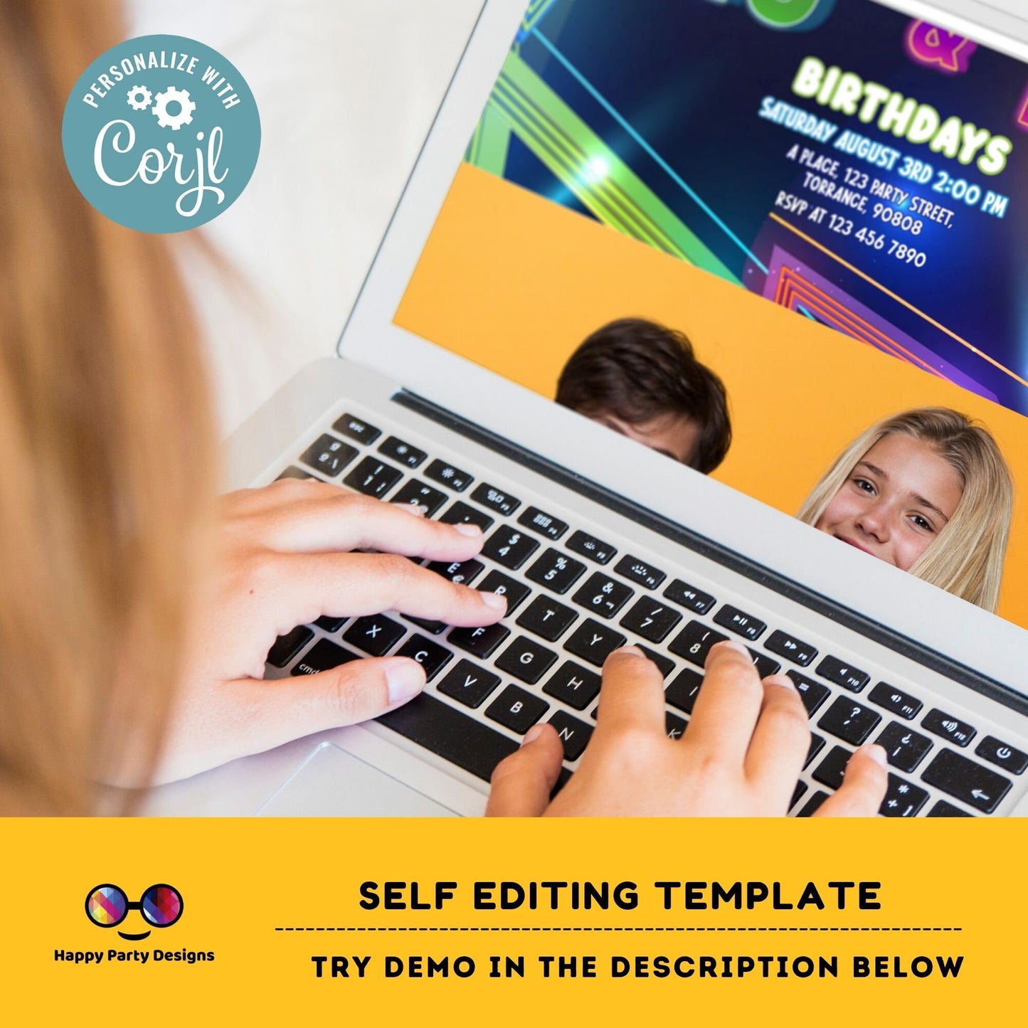 EDITABLE neon Siblings birthday invitations with photo | any age! double birthday | sibling party | double party | boy and girl #K240