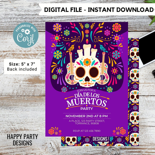 Dia de muertos Party Invitation | Fiesta Sugar Skull Invitation | Dia de los Muertos Invite | Editable Sugar Skull Mexican Invite  #A29
