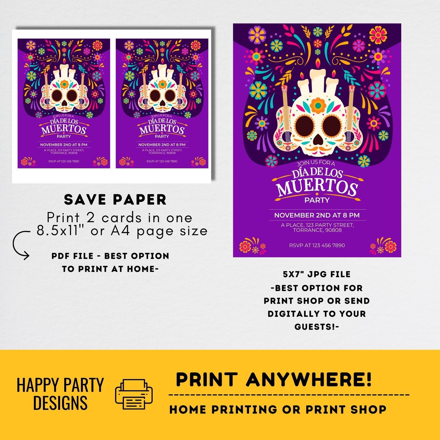 Dia de muertos Party Invitation | Fiesta Sugar Skull Invitation | Dia de los Muertos Invite | Editable Sugar Skull Mexican Invite  #A29