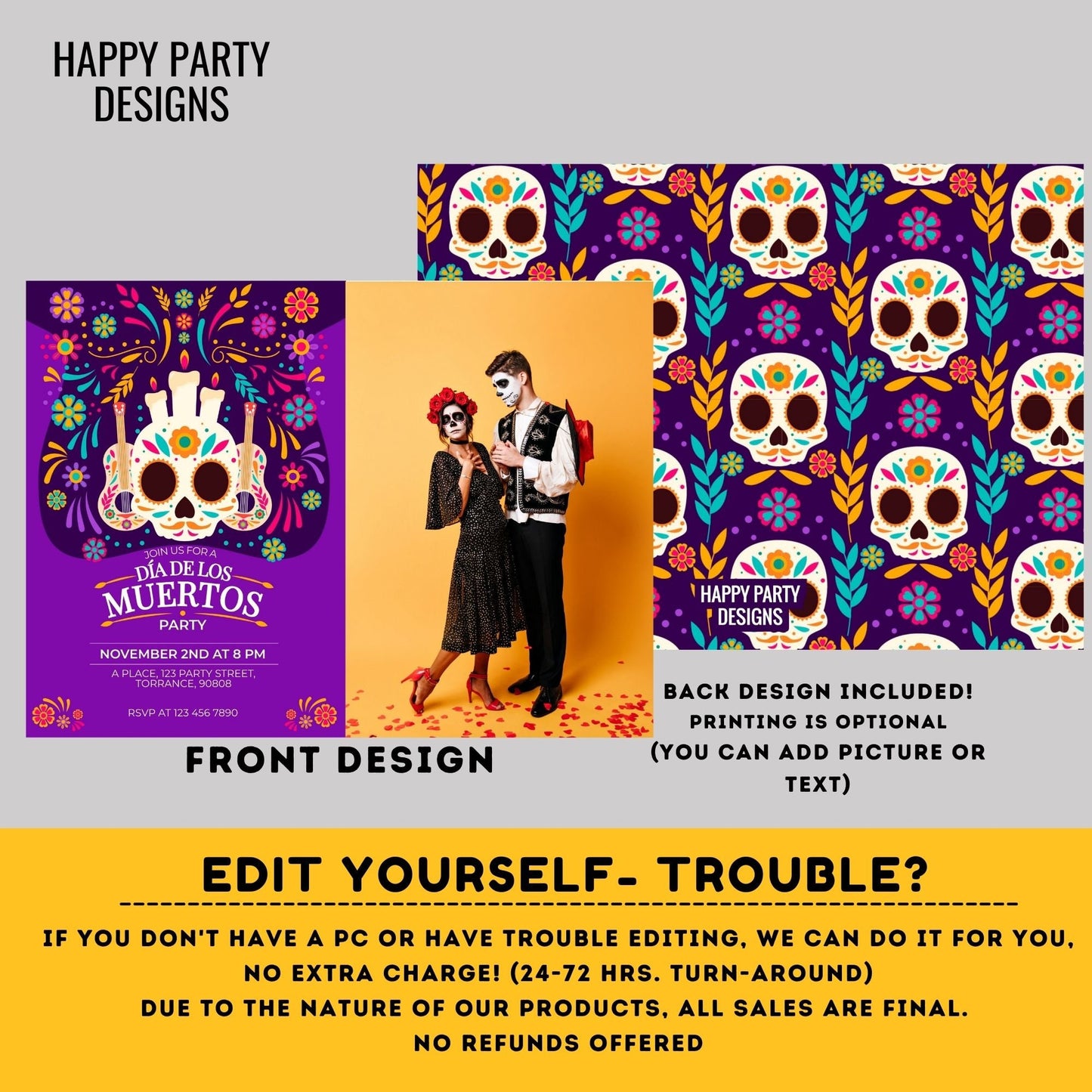 Dia de muertos Party Invitation with photo | Fiesta Sugar Skull Invitation | Dia de los Muertos Invite | Sugar Skull Mexican Invite  #A29
