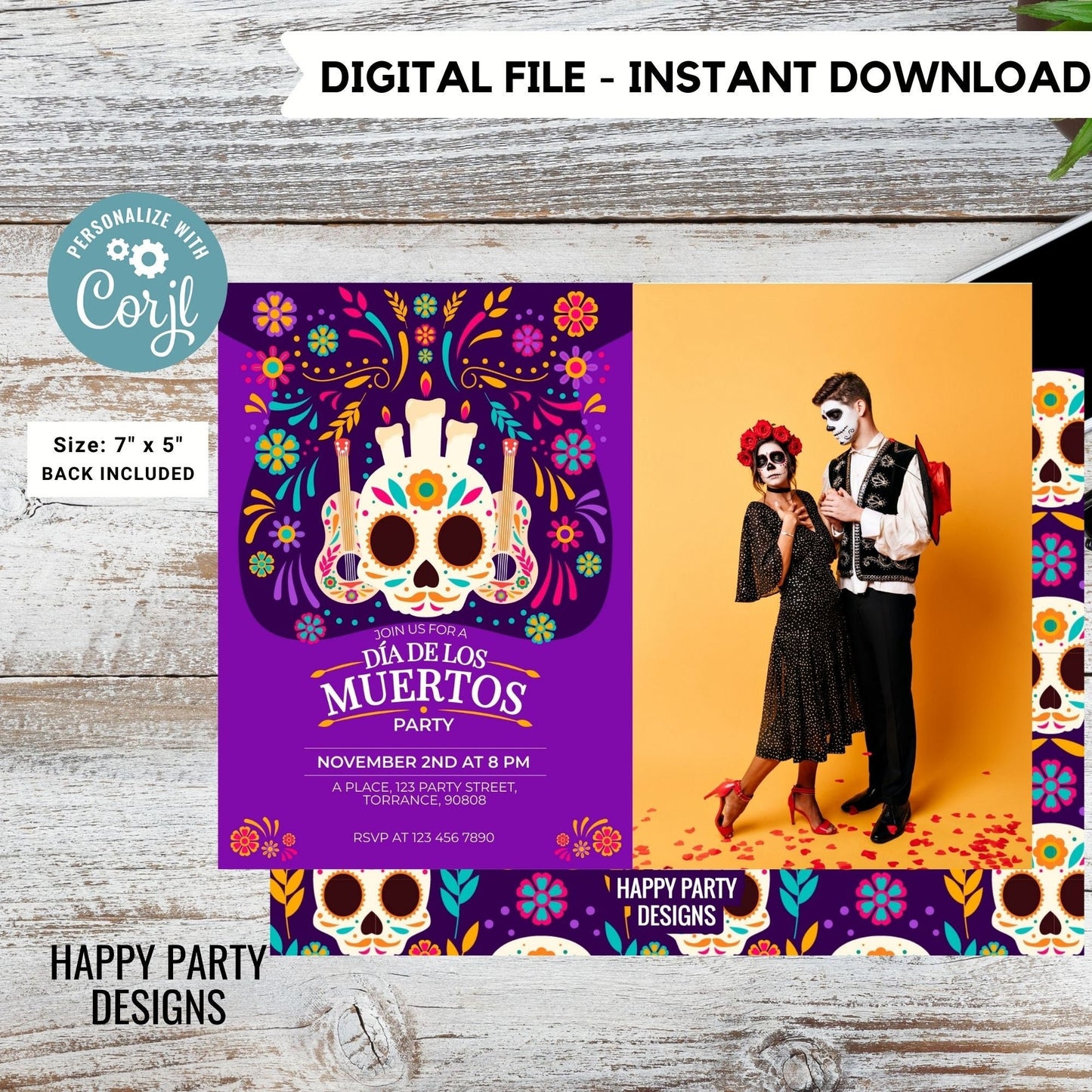 Dia de muertos Party Invitation with photo | Fiesta Sugar Skull Invitation | Dia de los Muertos Invite | Sugar Skull Mexican Invite  #A29