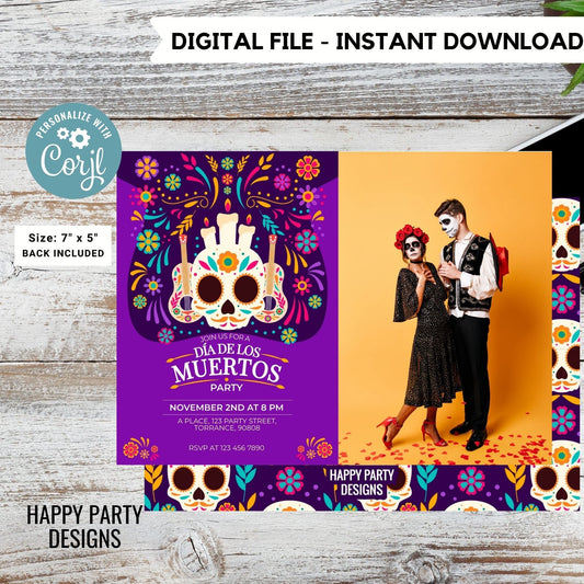 Dia de muertos Party Invitation with photo | Fiesta Sugar Skull Invitation | Dia de los Muertos Invite | Sugar Skull Mexican Invite  #A29