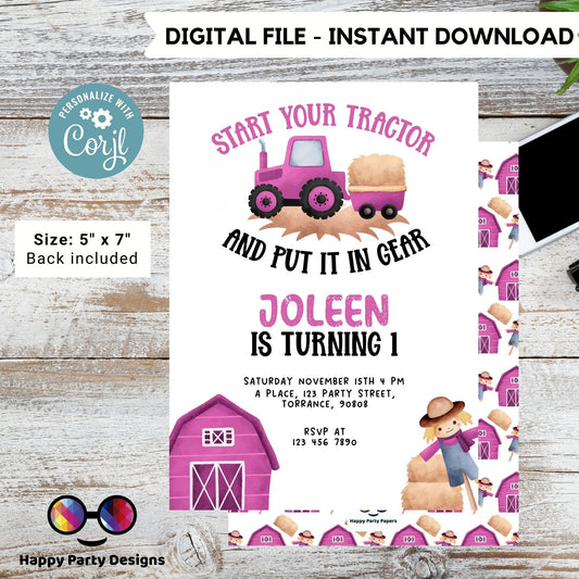 Girl Tractor Birthday Party Invitation Editable Farm Birthday Invitation Girl | Barnyard | any age | Girl pink Tractor Birthday #K242