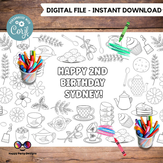 Tea party XL Table Runner | Editable Tea birthday party coloring page | Tea party | biscuits and tea table runner | tea party activity