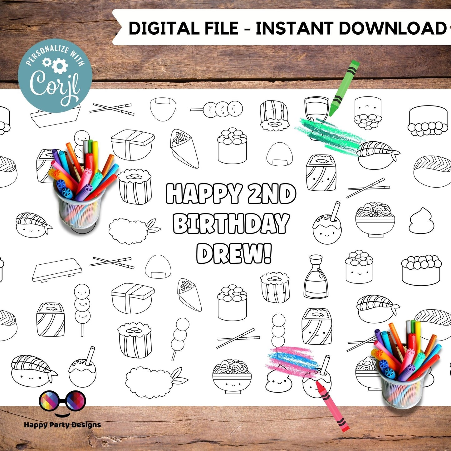 Sushi XL coloring page | Editable sushi birthday party coloring poster | Sushi party | Sushi party activity for kids |