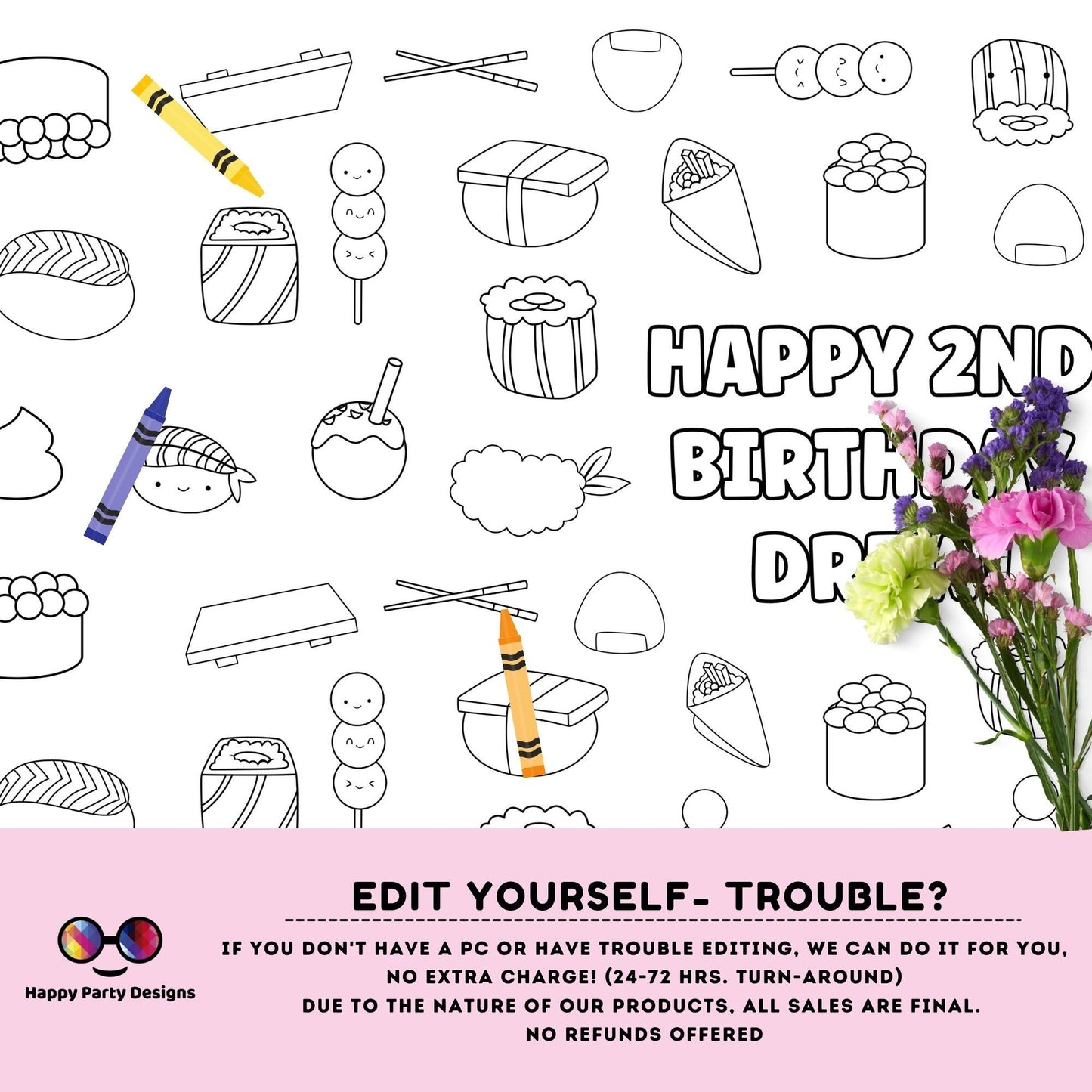 Sushi XL coloring page | Editable sushi birthday party coloring poster | Sushi party | Sushi party activity for kids |