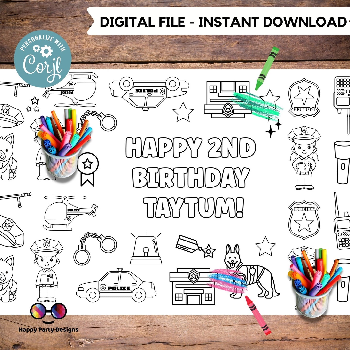 Police XL coloring page | Editable Cops birthday party coloring poster | Police Officer party | Policeman party activity for kids