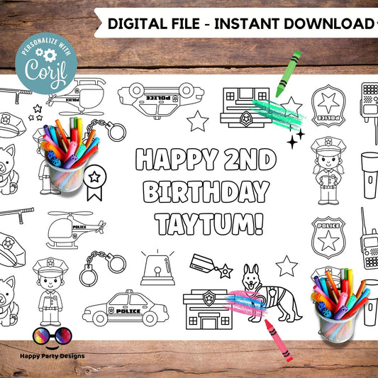 Police XL coloring page | Editable Cops birthday party coloring poster | Police Officer party | Policeman party activity for kids
