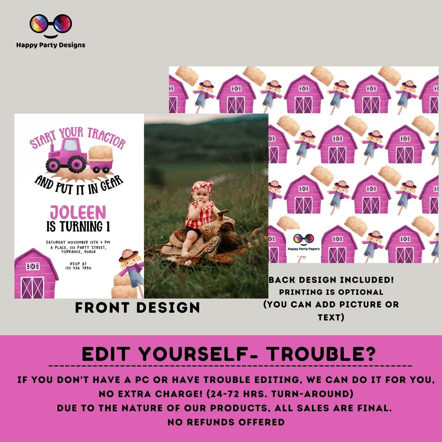 Girl Tractor Birthday Party Invitation | Editable Farm Birthday Invitation Girl with photo | Barnyard | any age | Girl pink Tractor #K242