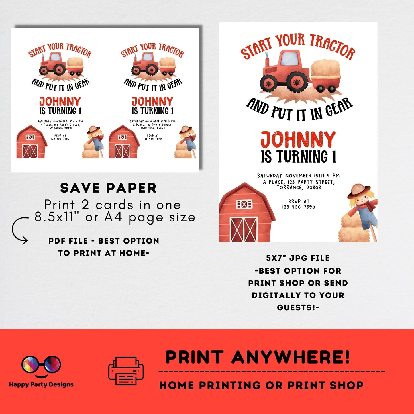Boy Tractor Birthday Party Invitation | Editable Farm Birthday Invitation Boy | Barnyard | any age | Boy red Tractor Birthday #K242