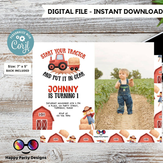 Boy Tractor Birthday Party Invitation with photo | Editable Farm Birthday Invite Boy | Barnyard | any age | Boy red Tractor Birthday #K242