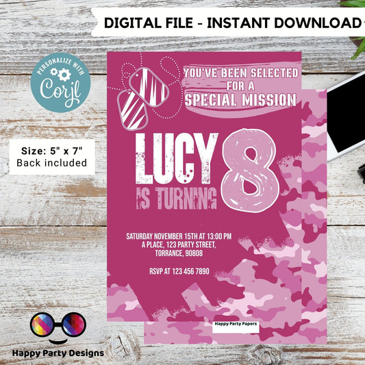 Kids Editable Army birthday invitation | Printable Birthday Army Party Invitations | Any Age | Birthday girl army party | ID Badges #K241