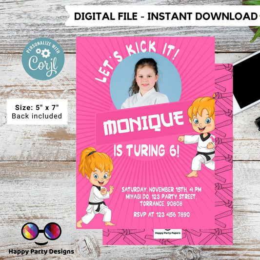 Let's kick it! Karate Birthday Party Invitation with photo | EDITABLE Martial Arts girl | Karate girls Birthday Invite | Ninja Party #K246