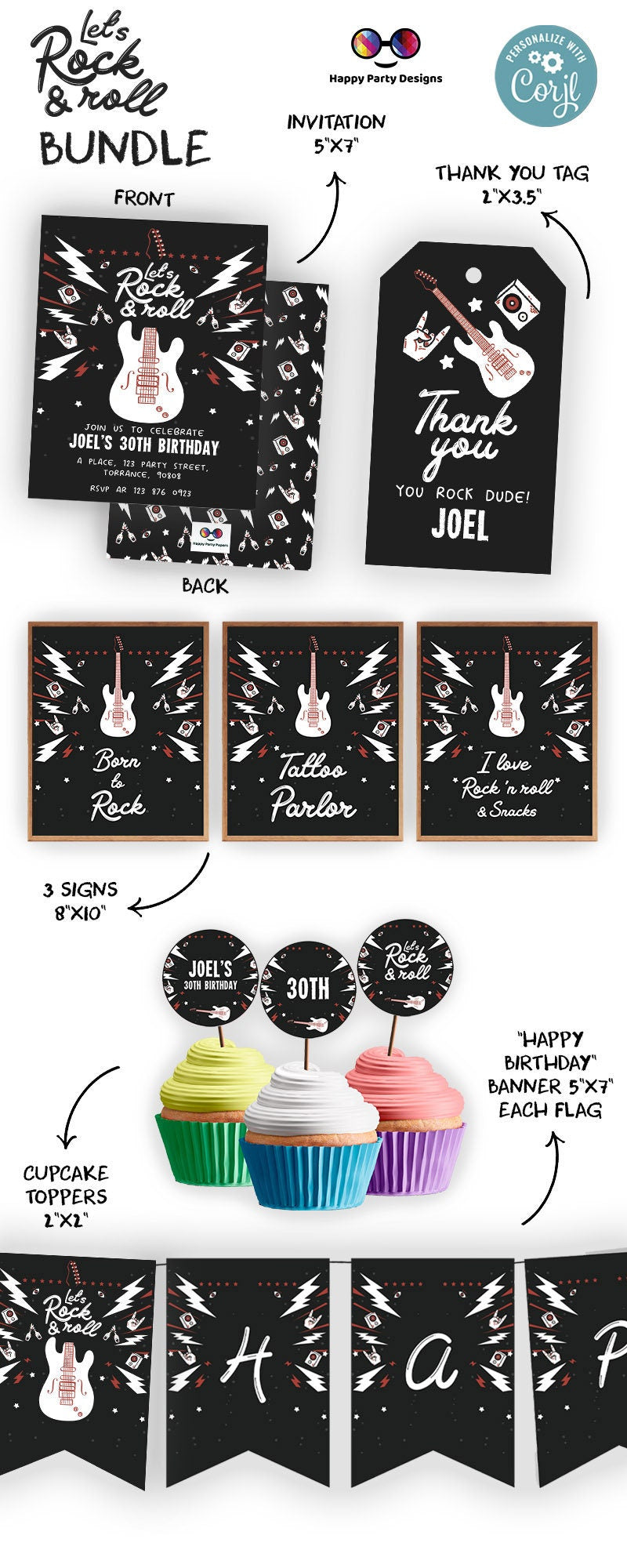 Rock 'n roll Birthday Invitation Bundle | Rock Star Party Invitation  Rock Guitar Birthday invitation Invitation Pop Star Rock n' roll  #A12
