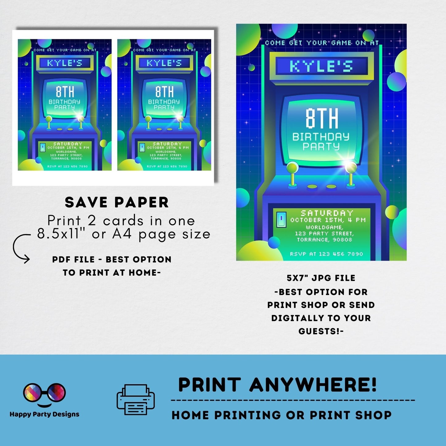 Editable Arcade Birthday Invite Template | Printable Neon Arcade Party Invitations | Birthday boy | Gaming Arcade Birthday Party Neon #K248