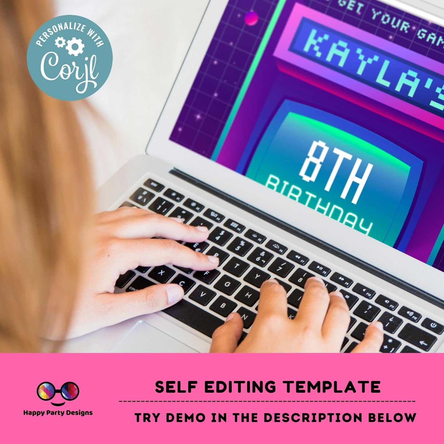 Editable Arcade Birthday Invite Template | Printable Neon Arcade Party Invitations | Birthday girl | Gaming Arcade Birthday Party Neon #K248