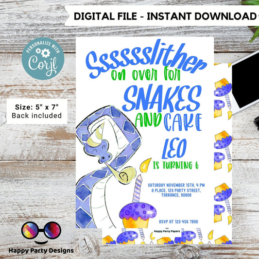 Editable Snakes and cake Invitation | Reptile Birthday Invitation Printable | Snake Invitation | boy Invitation | Reptile Party Invite #K249