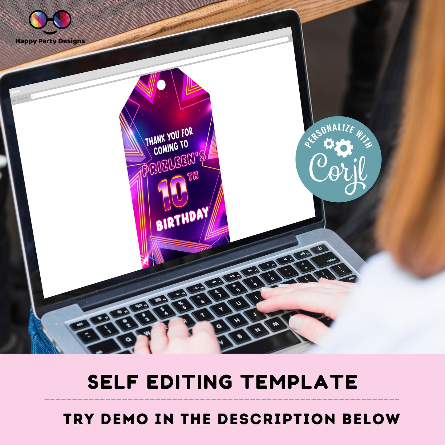 EDITABLE Girl favor tag  | Neon Glow in the dark Party thank you tag  | Birthday Girl  tag | Neon Pink Purple Birthday | glow pink tag #K186