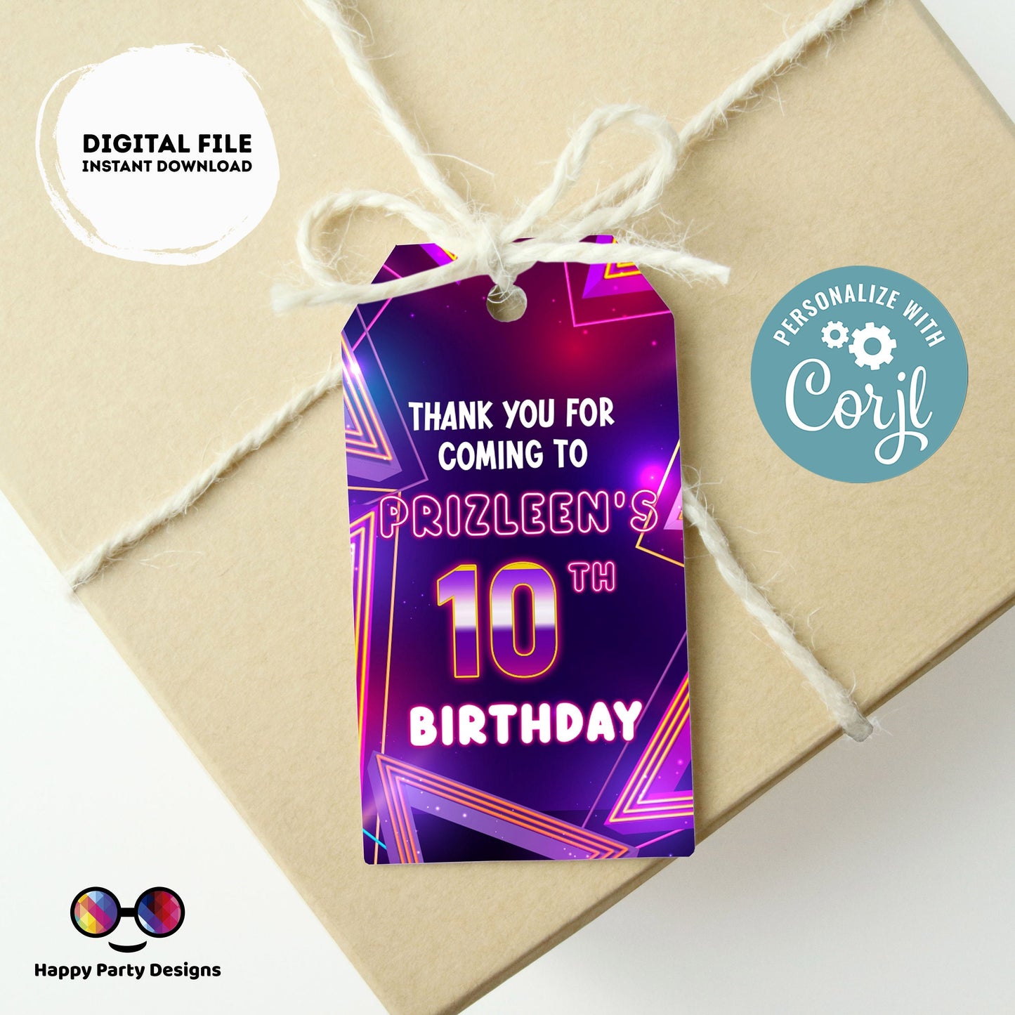EDITABLE Girl favor tag  | Neon Glow in the dark Party thank you tag  | Birthday Girl  tag | Neon Pink Purple Birthday | glow pink tag #K186