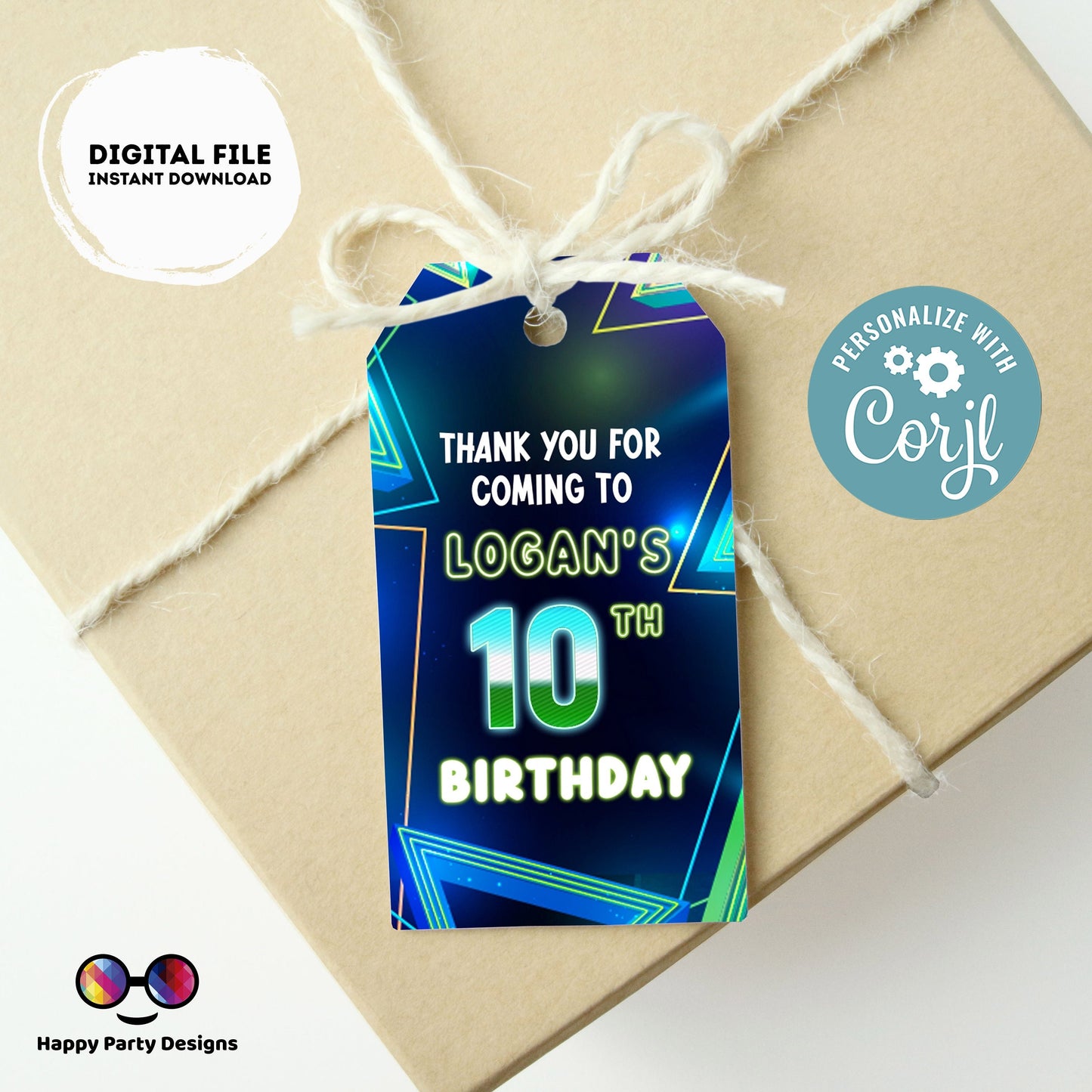 EDITABLE Boy favor tag  | Neon Glow in the dark Party thank you tag  | Birthday Boy tag | Neon Blue Green Birthday | glow blue tag #K185