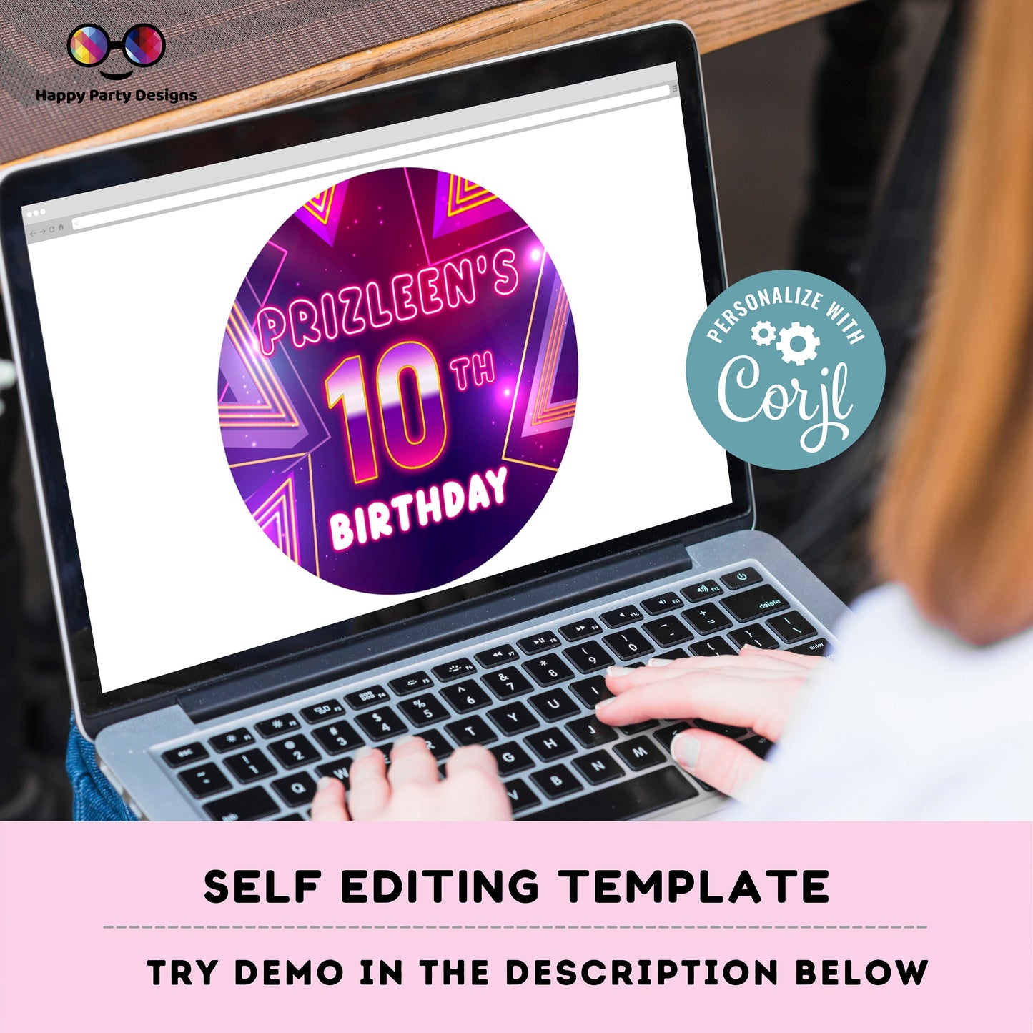 EDITABLE Girl birthday neon round cupcake toppers | Neon Glow in the dark Party | Birthday Girl | Neon Pink Purple Birthday stickers  #K186