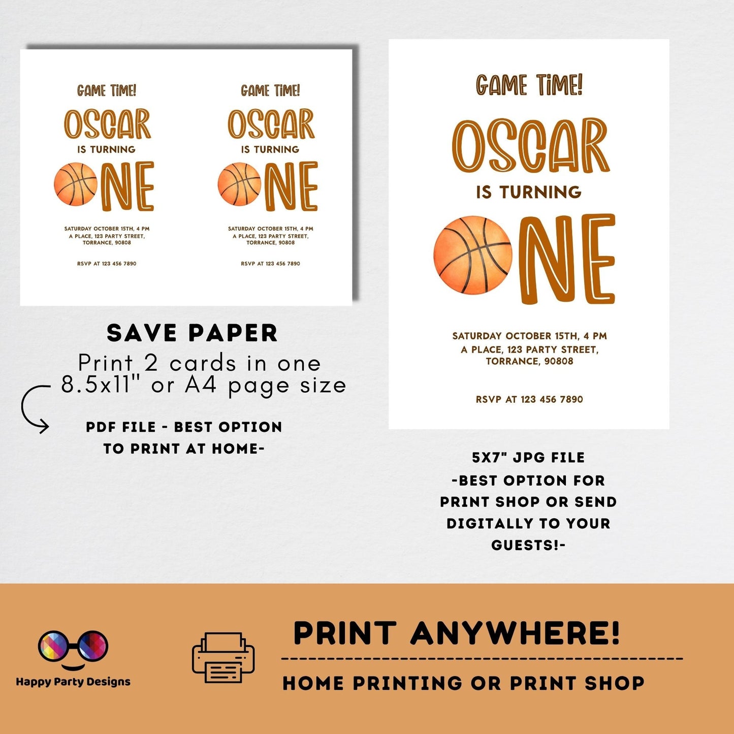 Minimalist Basketball Birthday Invitation Template | Any age | Basketball Theme Birthday | Basketball Invite Template, Sport invite #K251