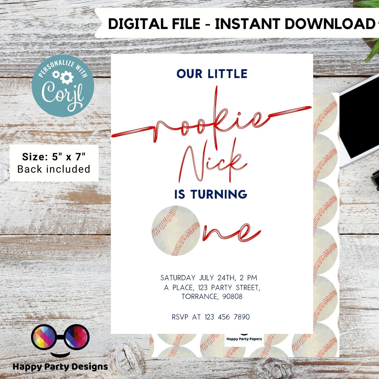 Baseball Birthday Invitation | Baseball Invitation | Baseball Birthday Party | Rookie of the Year | minimalist | First Birthday |Print #K253