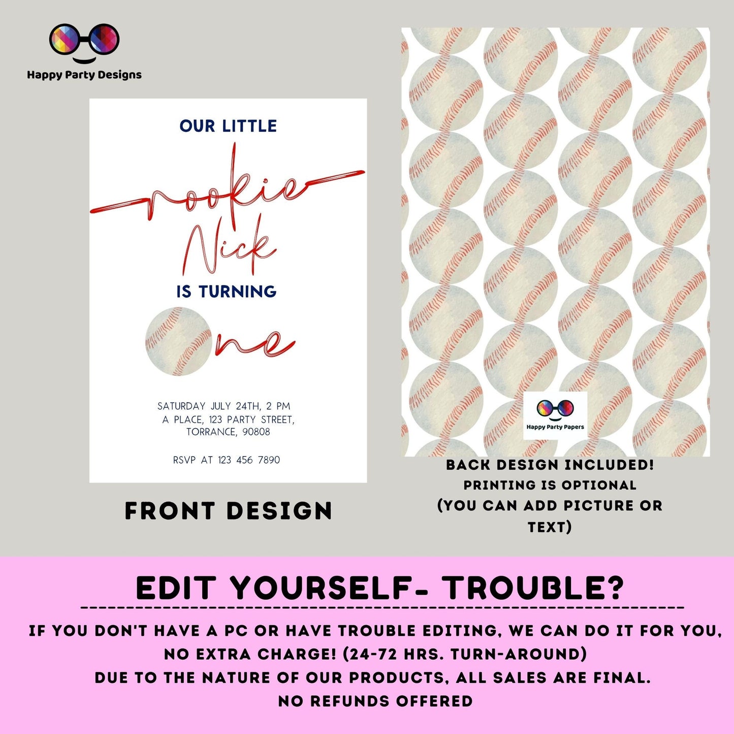 Baseball Birthday Invitation for girl | Baseball Invitation | Baseball Party | Rookie of the Year | minimalist | First Birthday |Print #K253