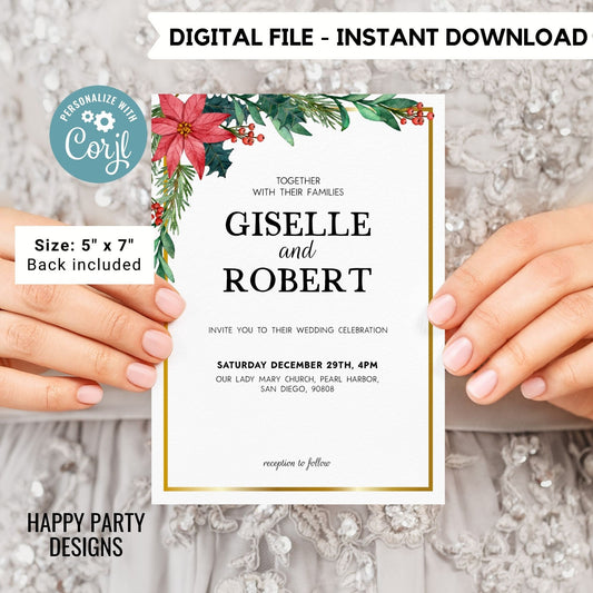 Editable Christmas Wedding Invitation Template Invitation | Editable Christmas Themed Red Poinsettia | Winter Bride | Winter Wedding #W20