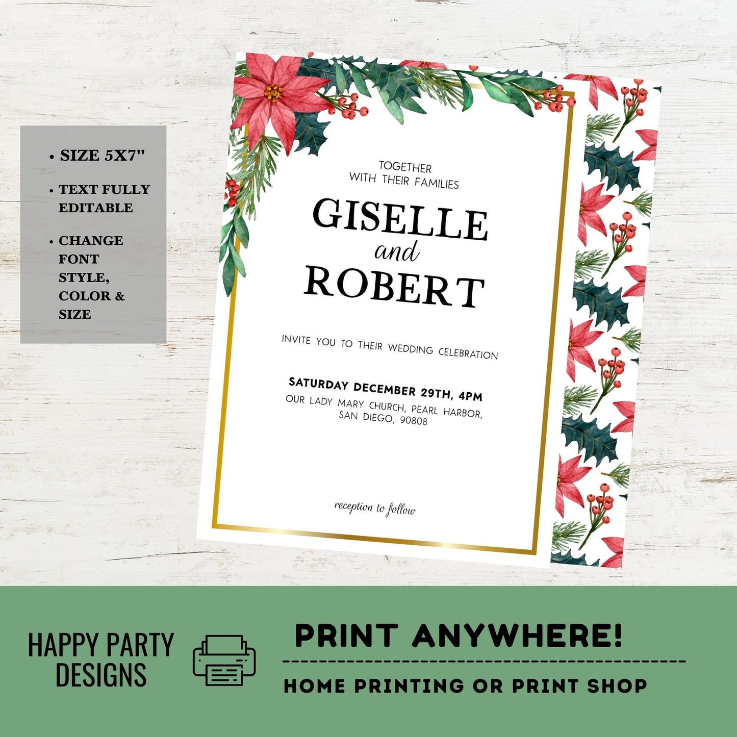 Editable Christmas Wedding Invitation Template Invitation | Editable Christmas Themed Red Poinsettia | Winter Bride | Winter Wedding #W20