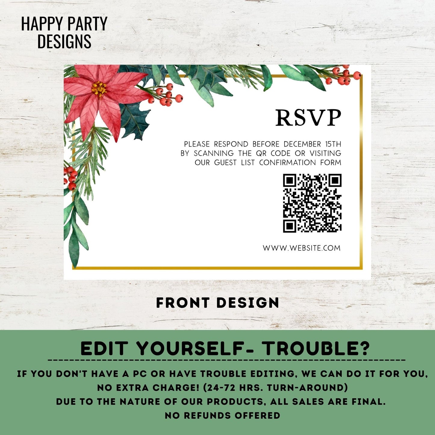 Editable Christmas Wedding RSVP Template | Editable Christmas Themed Red Poinsettia | Winter Bride | Winter Wedding #W20