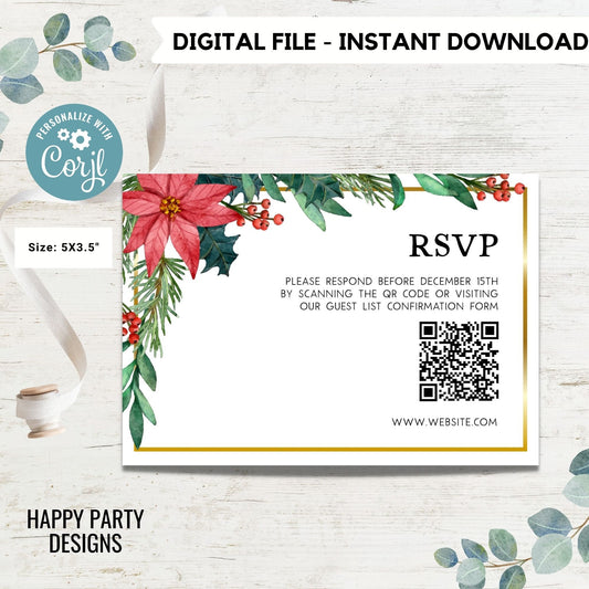 Editable Christmas Wedding RSVP Template | Editable Christmas Themed Red Poinsettia | Winter Bride | Winter Wedding #W20