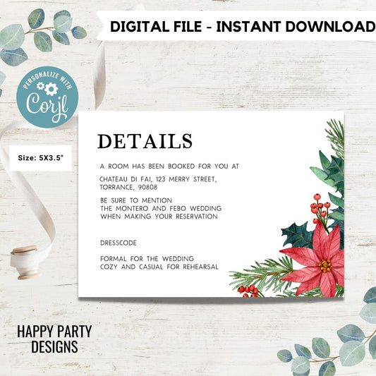 Editable Christmas Wedding Details Template | Editable Christmas Themed Red Poinsettia | Winter Bride | Winter Wedding #W20