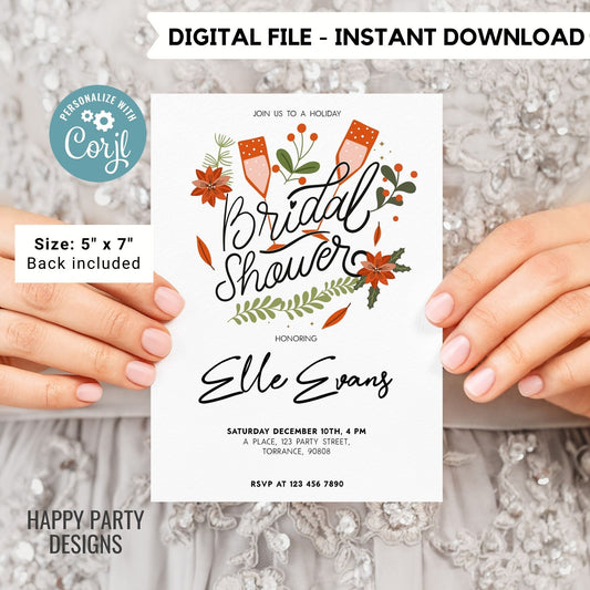 Editable Bridal Shower Invitation | Christmas Bridal Shower Invitation | Winter Bride Instant | Winter Wedding | Red ponsettia #W21