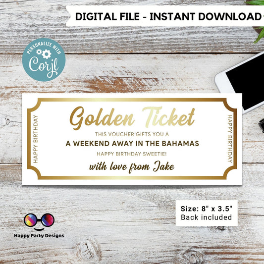 Editable Event Golden Ticket template | Surprise Airline Gift | Vacation | Gift for Her | Couple Gift | Print-at-home | Flight Voucher #A44