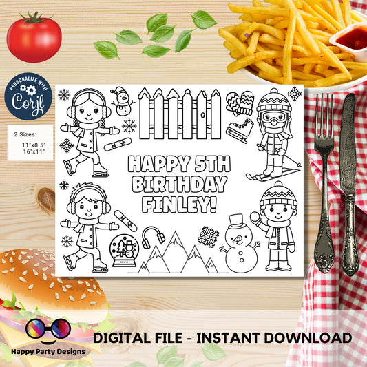 Editable Winter coloring page | Placemat coloring page | Any Age | kids in wintertime birthday | Party Activity. #K115