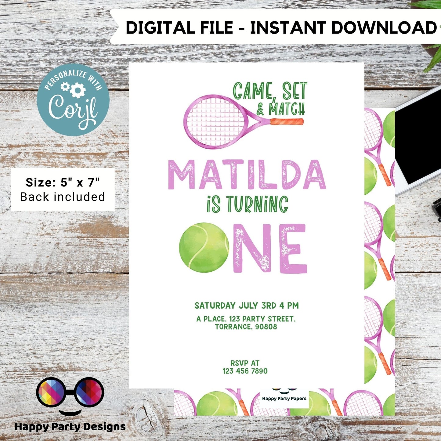 Tennis Birthday Invitation | Tennis Invitation for girl | Tennis Party | Tennis Game Invitation | minimalist | First Birthday | Print #K256