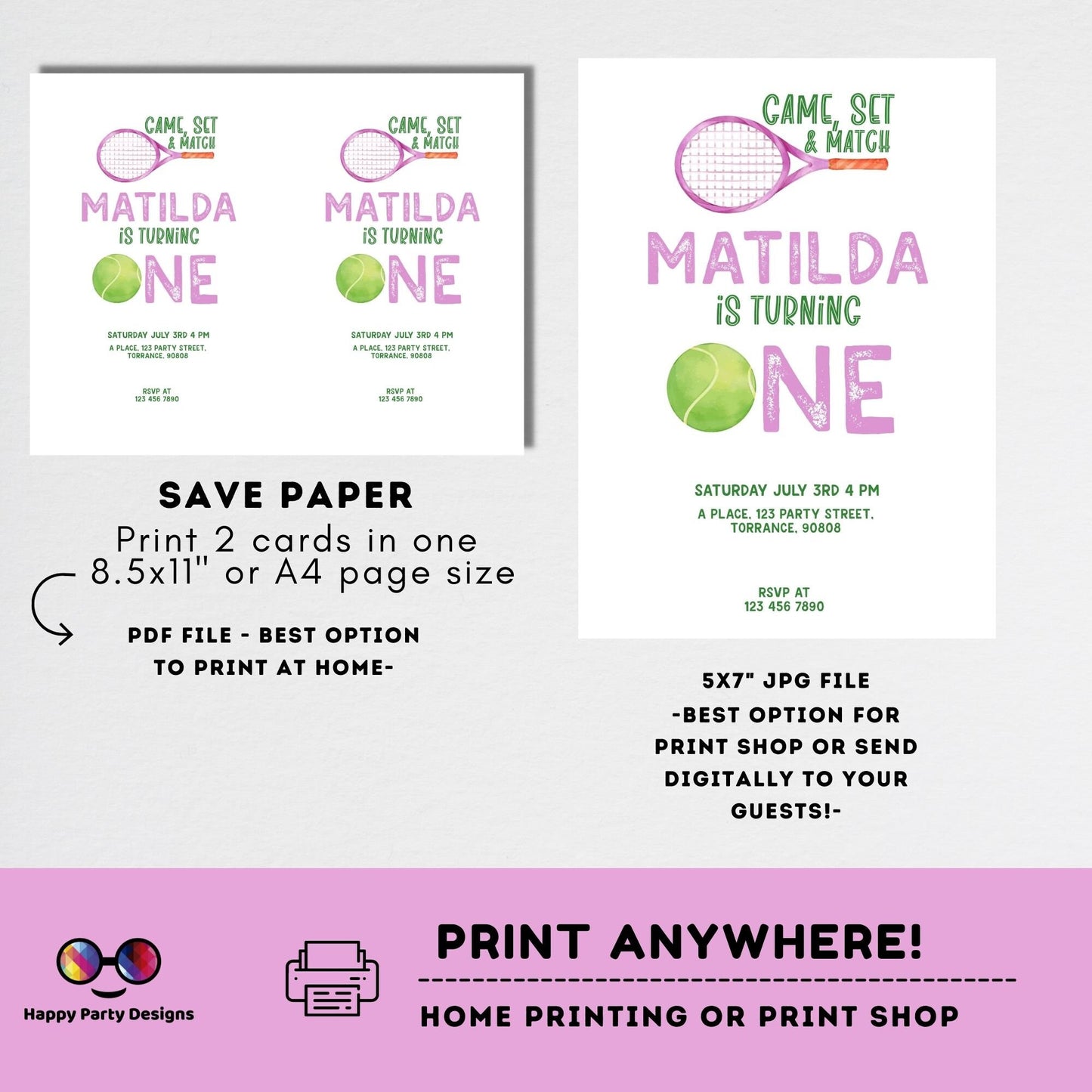 Tennis Birthday Invitation | Tennis Invitation for girl | Tennis Party | Tennis Game Invitation | minimalist | First Birthday | Print #K256