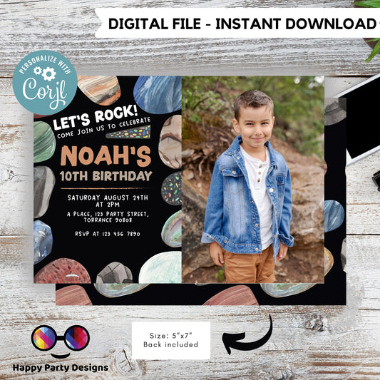 Editable let's rock Birthday Invitation Template | Rocks Birthday Invitations | Printable Birthday | Geology Birthday Invitation #K175